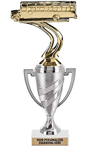 Crown Awards School Bus Trophy- 12inch Silver Cup School Bus Trophies with Engraving Included- 1 Pack
