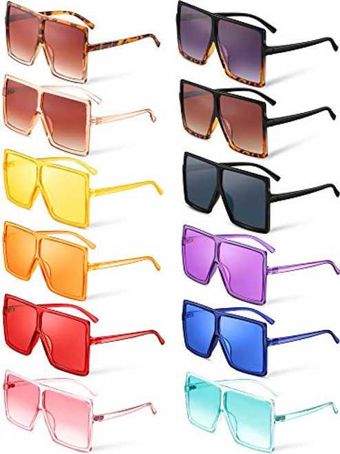 12 Pieces Oversized Square Sunglasses Flat Top Shades Retro Oversize Sunglasses for Women- 12 Colors