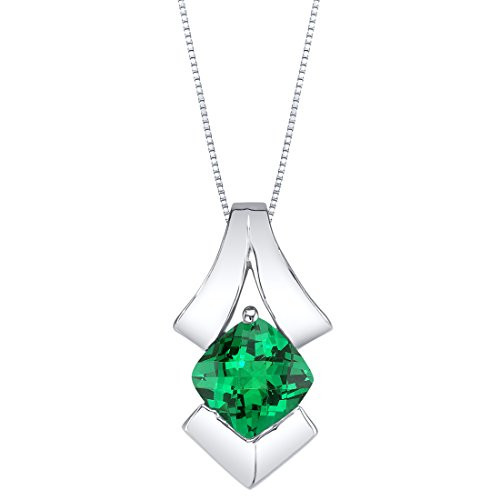 Peora Simulated Emerald Pendant Necklace in Sterling Silver- Pagoda Solitaire Design- 1 Carat Cushion Cut with 18 inch Chain