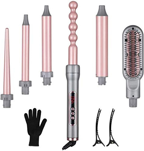 6 in 1 Curling Iron- Curling Wand Set with Hair Straightener Brush- Professional Hair Curler with 6 Interchangeable Ceramic Barrels- 60 Min Auto Off Hair Iron with Heat Resistant Glove- 2 Clips