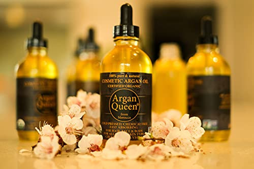 Argan Queen Argan Oil for Hair Nails and Skin 100 percent Bio Organic Pure Cold Triple Pressed Virgin Oil from Morocco 4oz 120ml in a glass bottle from authentic Argania Spinose Kernels for men and women