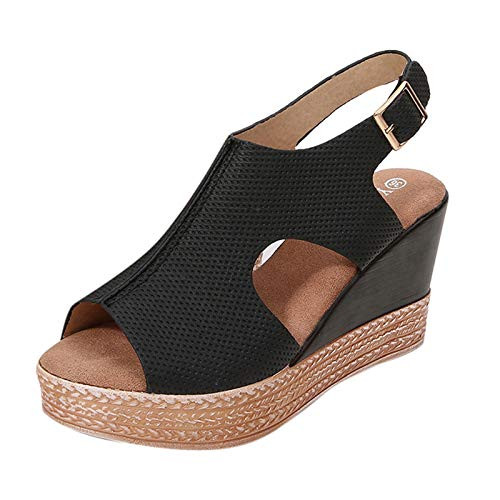 Aniywn Womens Espadrille Platform Sandals Summer Slingback Sandals High Heel Wedge Peep Toe Ankle Strap Hollow Out Shoes -7.5- Black-