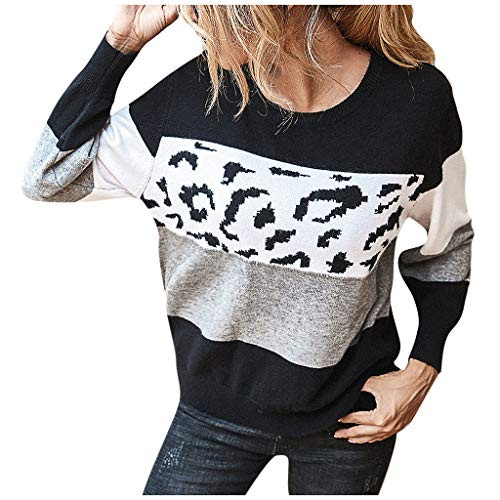 Pullover Sweaters for Women Knit Gubotare Womens Casual Long Sleeve Off Shoulder Knitted Sweater Leopard Print Color Block Loose Pullover Tops Black