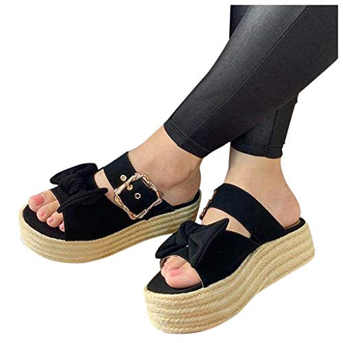 Aniywn Women's Wedge Sandal Slide Flat Sandals with Adjustable Strap Buckle Open Toe Slippers Platform Sandals Black