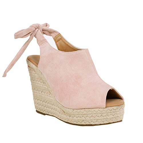Womens Back Tie Knot Mule Wedge Sandals Peep Toe Espadrille High Heeled Platform Slingback Summer Shoes