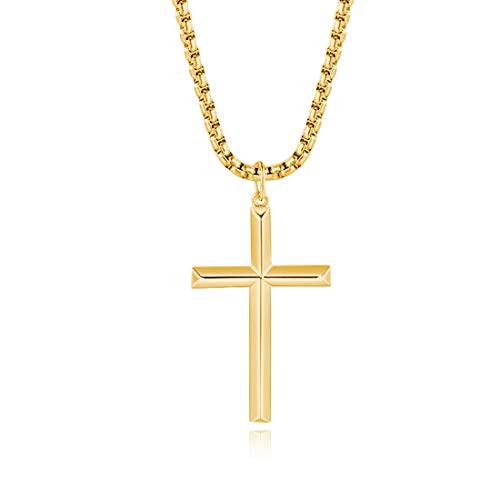 FANCIME Yellow Gold Plated 925 Solid Sterling Silver High Polished Large Big Mens Beveled Edge Cross Crucifix Pendant Long Necklace Fine Jewelry For Men Boys- Stainless Steel Box Chain Length 22inch
