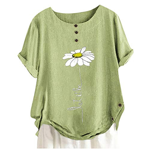 ZSBAYU Plus Size Women Short Sleeve Cotton Linen O-Neck Floral Print Blouse Top T-Shirt Loose Casual Tunic Pullover Green
