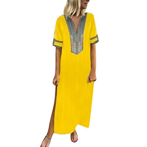 POTO Dress for Women Plus Size Ladies Casual Hem Baggy Kaftan Long Dress Printed V-Neck Maxi Dress Beach Dress Sundresses Yellow POTO Dress for Women Plus Size Ladies Casual Hem Baggy Kaftan Long Dress Printed V-Neck Maxi Dress Beach Dress Sundresses Yellow