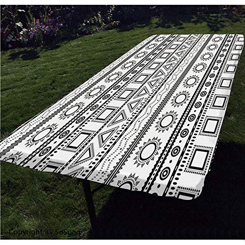 Primitive Decor Polyester Fitted Tablecloth-Native American Aztec Ethnic Borders Traditional Sun Triangles Squares Decorative Rectangular Elastic Edge Fitted Table Cover-Fits Rectangular Tables 60x30inch