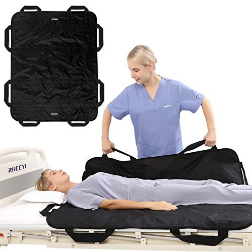 ZHEEYI Bed Positioning Pad with Reinforced Handles 48inch x 40inch Lifting Turning Patient Sheet Transfer Blanket for Caregiver- Bedridden- Elderly- Black