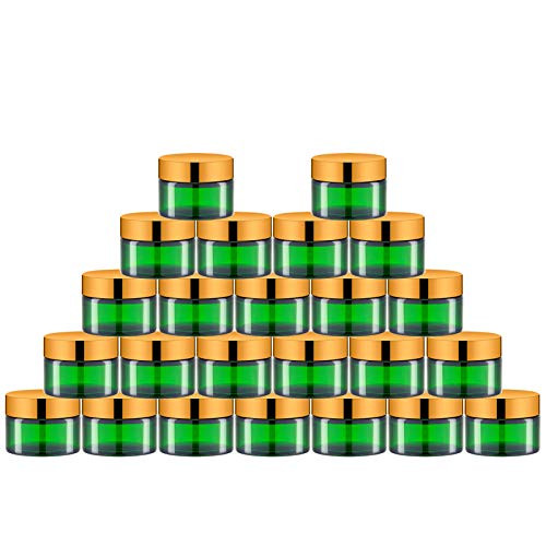 1 Oz/30 ML Green Round Glass Jars with Inner Liners and Gold Lids-24PCS- Empty Cream Containers Refillable Cosmetic Vials for Cosmetics- Lotions- Ointment- Body Scrubs  and  Balms