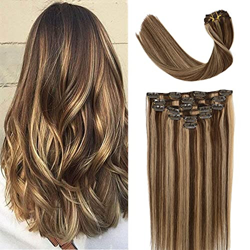 VARIO Hair Clip in Human Hair 7pcs 70g Remy Balayage Hair Chocolate Brown to Caramel Blonde Clip in Human Hair Extensions Natural Hair Extensions Straight Real Hair Extensions 18 inch VARIO Hair Clip in Human Hair 7pcs 70g Remy Balayage Hair Chocolate Brown to Caramel Blonde Clip in Human Hair Extensions Natural Hair Extensions Straight Real Hair Extensions 18 inch