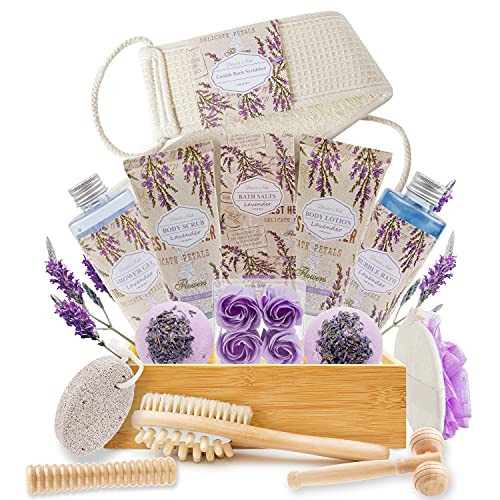 Luxury Mothers Day Gifts Baskets in Lavender Essential- Christmas Birthday Gifts for Women- 18pcs Bath Body Home Spa for Relaxing Self Care with Bubble Bath Bomb Lotion Massager Roller Loofah scrubber