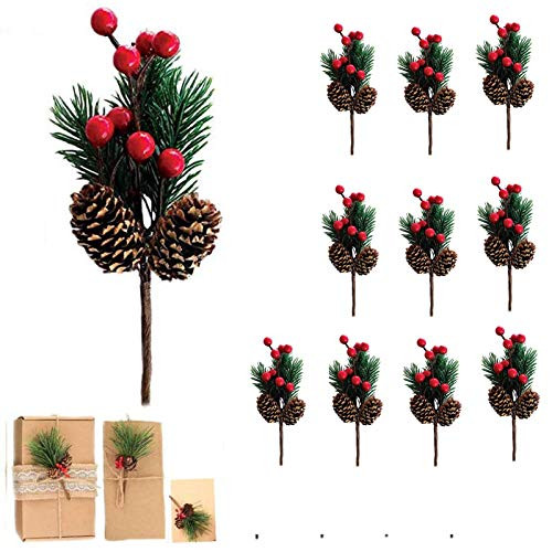 Red Berry Stems Pine Branches Evergreen Berries Decor 10 PCS - Artificial Pine Cones Branch for Christmas Craft Wreath Pick  and  Winter Holiday Floral Picks Holly Stem for Decoration DIY Xmas Crafts -1-
