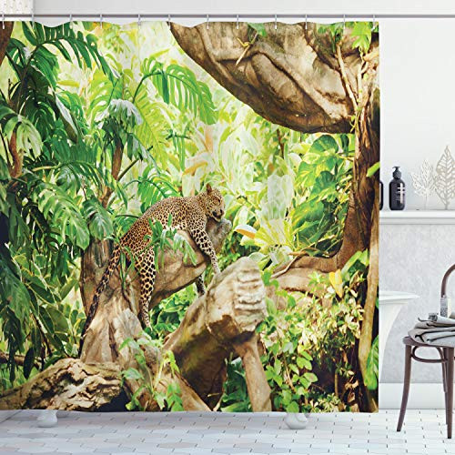 Ambesonne Safari Shower Curtain- Leopard on The Branch in Savannah of Exotic Macro and Tropical Leaf at The Jungle Wild Nature Art- Cloth Fabric Bathroom Decor Set with Hooks- 84inch Long Extra- Brown