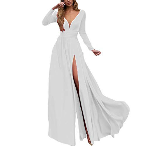 watersouprty Women's Formal Ruched Long Dress Long Sleeve V Neck Evening Cocktail Party Maxi Dress White