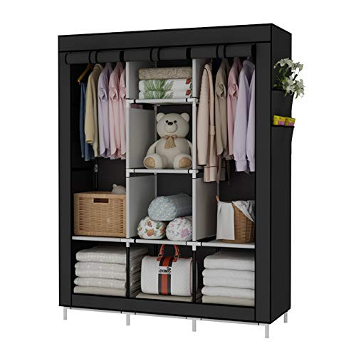 UDEAR Portable Wardrobe Closet Clothes Organizer Non-Woven Fabric Cover with 6 Storage Shelves- 2 Hanging Sections and 4 Side Pockets?Black