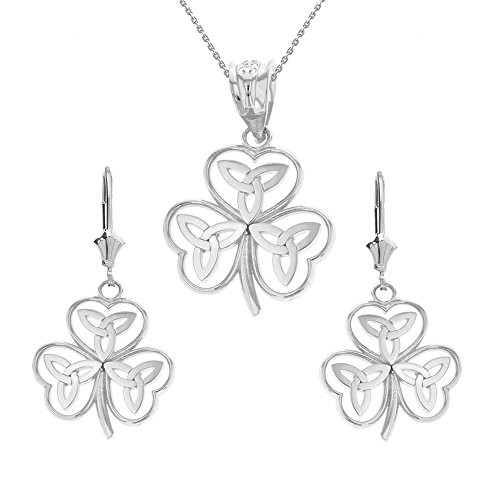 Claddagh Gold 925 Sterling Silver Irish Shamrock Necklace with Celtic Trinity Knot Earring Set- 16inch