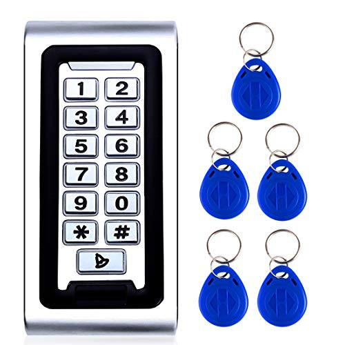 AMOCAM Door Access Control System Stand-Alone Password Keypad Plus 5PCS Proximity RFID 125Khz Key Fobs Keychains- Support 2000 Users ID Card Reader- Waterproof- Backlight- Zinc Alloy Metal Case