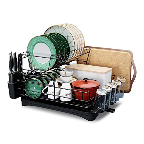 Dish Drying Rack- YIWANFW 2-Tier Dish Rack with Utensil Holder- Cutting Board Holder and Dish Drainer for Kitchen Counter -Traditional-