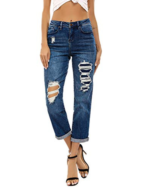 Resfeber Women's Ripped Boyfriend Jeans Stretch Distressed Jeans Crop Mom Jean with Holes