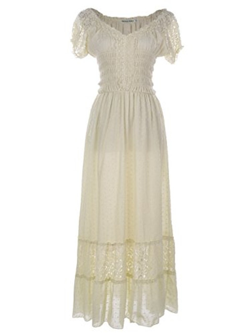 Anna-Kaci Antique Beige Large Size Smocked Waist Summer Maxi Dress Cap Sleeve Boho Gypsy- Beige- Large