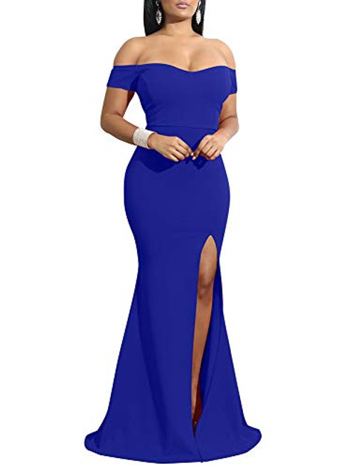 YMDUCH Women's Off Shoulder High Split Long Formal Party Dress Evening Gown Royal Blue YMDUCH Women's Off Shoulder High Split Long Formal Party Dress Evening Gown Royal Blue