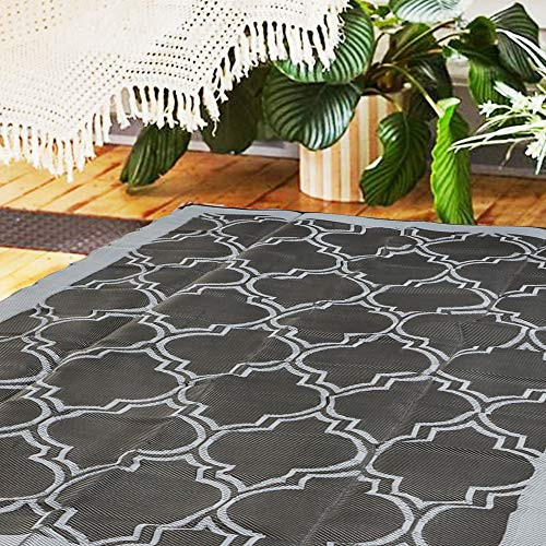 SAND MINE Reversible Mats- Plastic Straw Rug- Modern Area Rug- Large Floor Mat and Rug for Outdoors- RV- Patio- Backyard- Deck- Picnic- Beach- Trailer- Camping -5' x 8'- Black Quatrefoil-