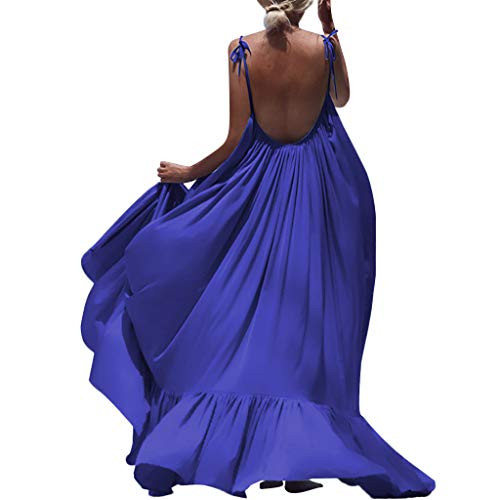 Women Boho Maxi Solid Sleeveless Long Backless Dress Evening Party Beach Dress Blue Women Boho Maxi Solid Sleeveless Long Backless Dress Evening Party Beach Dress Blue