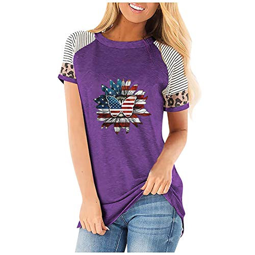 Women Summer T Shirts Short Sleeve Rounded O-Neck Blouse Casual Loose Print Splicing Tee Tops Purple