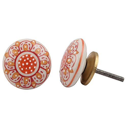 IndianShelf 4 Piece Handmade Orange Ceramic Floral Dresser Drawer Pulls Cabinet Wardrobe Knobs Door Kitchen Handles