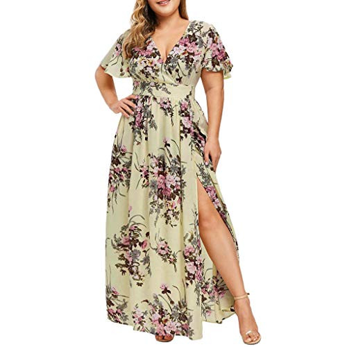 Kaitobe Women's Dresses Plus Size Casual Summer Loose Floral Print Short Sleeve Maxi Dresses Long Beach Sundress Yellow