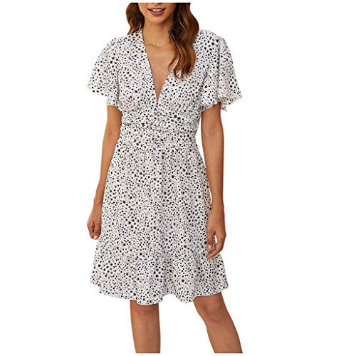 Women Summer Casual Short Dress-Ladies Sexy Short Sleeve V Neck Mini Dress Dot Print Dress -Large- White-