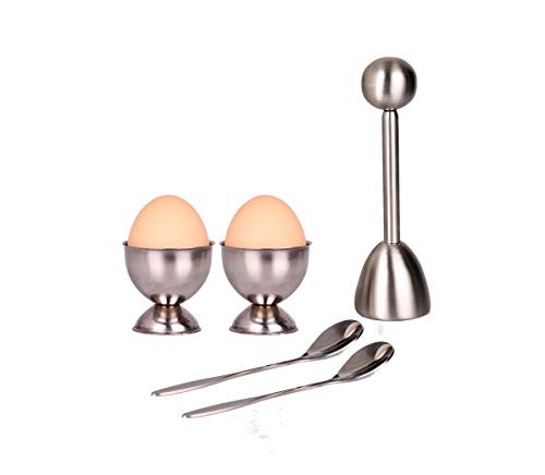 HAEGG Egg Cutter Topper Set Egg Cracker for Soft & Hard Boiled Eggs Include 2 Egg Cups, 2 Spoons, 1 Topper Cutter Shell Remover Stainless Steel Kitchen Tool
