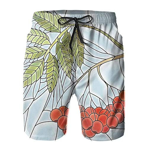 Mens Quick Dry Stretch Swim Trunks Mesh Lining Swimwear Bathing Suits Rowan Branch Motif On A Stained Glass Frame Noel Season Berries Winter Theme M