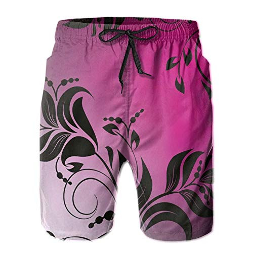 Men's Swim Trunks Quick Dry Shorts with Pockets Swirled Victorian Branch Backdrop in Dark Tone Elegance Shabby Chic Vintage Print XXL
