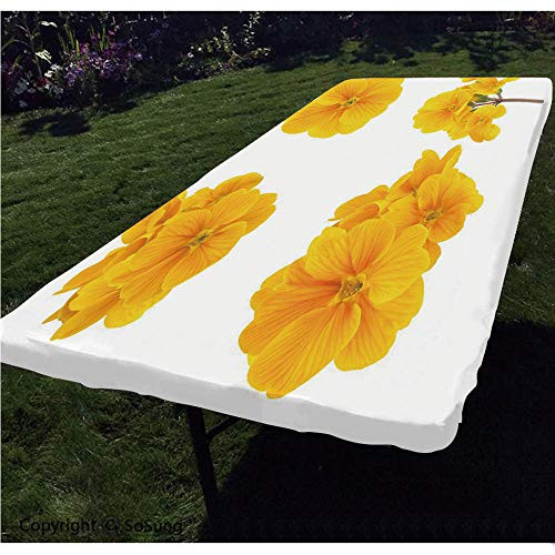Yellow Flower Polyester Fitted Tablecloth-Gardening Themed Collection with Little Tender Primrose Primula Blossoms Decorative Rectangular Elastic Edge Fitted Table Cover-Fits Rectangular Tables 72x32inch