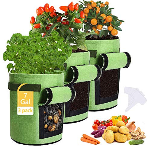 Potato Grow Bags-3 Pack 7 Gallon Felt Potatoes Growing Containers with Handles and Access Flap for Vegetables-Tomato-Carrot- Onion-Fruits-Plants Planting Planter
