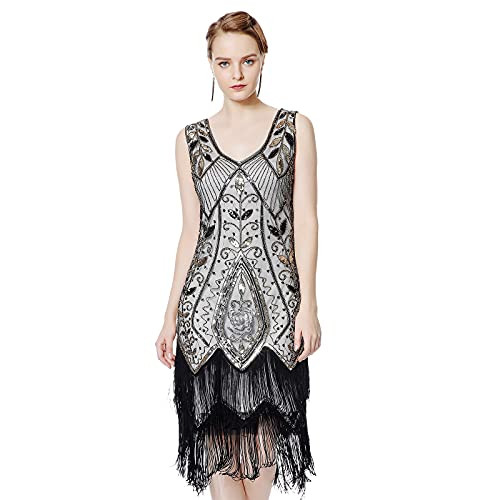 Metme Women's 1920s Vintage Flapper Fringe Beaded Great Gatsby Party Dress- Champagne- Large Metme Women's 1920s Vintage Flapper Fringe Beaded Great Gatsby Party Dress- Champagne- Large