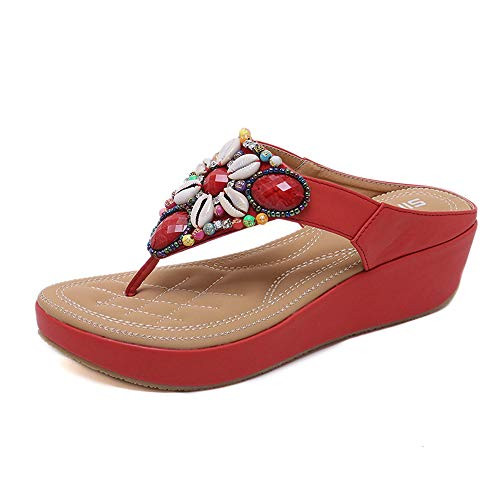 Dizadec Womens Espadrilles Sandals Flats-Women's Platform Sandals Espadrille Wedge Summer Ankle Strap Studded Open Toe Sandal Red