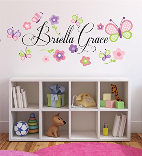 Flowers and Butterflies Personalized Custom Name Childrens Nursery Printed Vinyl Wall Decal Plus Free 12inch White Hello Door Decal- Girl Name Wall Decal- Girls Name Decal- Wall Decor- Butterfly Decals