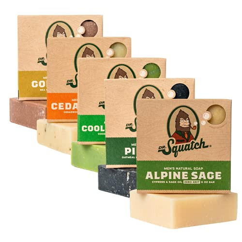 Dr. Squatch Men's Soap Variety Pack  Manly Scent Bar Soaps- Cool Fresh Aloe- Gold Moss- Pine Tar- Cedar Citrus- Alpine Sage  Handmade with Organic Oils in USA -5 Bars-