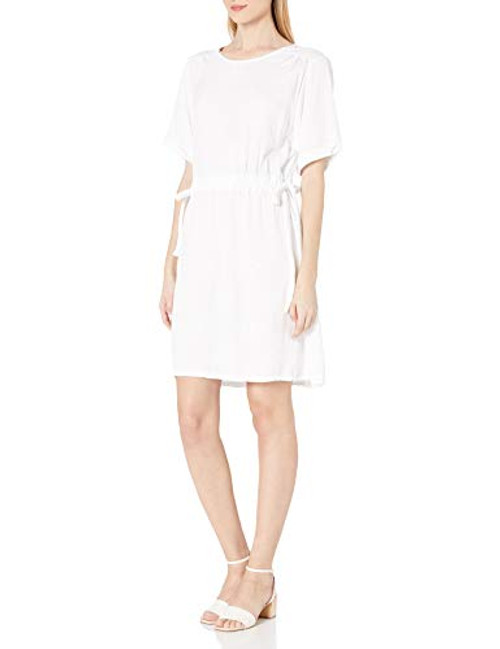 M Made in Italy Women's Short Sleeve Drawsting Dress- White- Medium