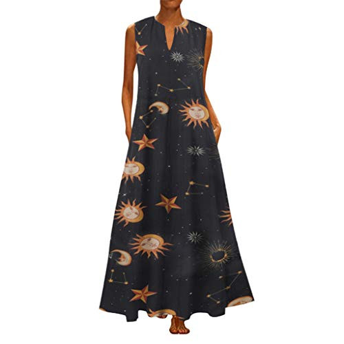 COOKI Women's Sleeveless Loose Dress Casual Plus Size V Neck Vintage Print Dresses Summer Beach Boho Maxi Dress Long Dress Orange