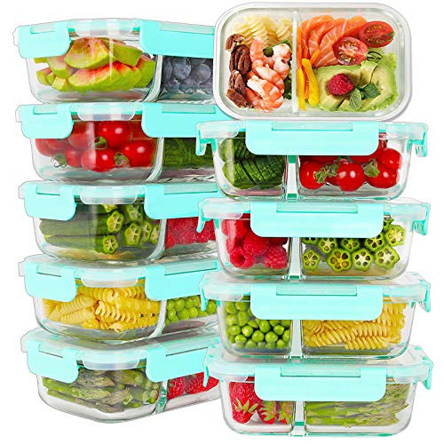 Bayco 10 Pack Glass Meal Prep Containers 2 Compartment- Glass Food Storage Containers with Lids- Airtight Glass Lunch Bento Boxes- BPA-Free  and  Leak Proof -10 lids  and  10 Containers-