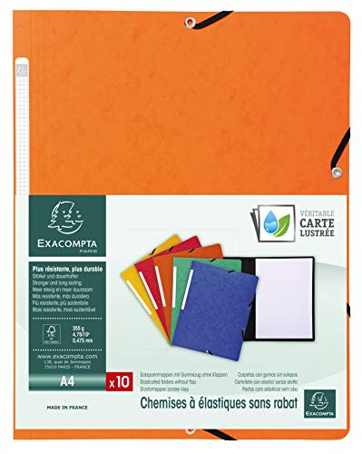 Exacompta - Ref. 55414E - Pack of 10 Elastic folders Glossy Card 355 GSM A4 - Orange