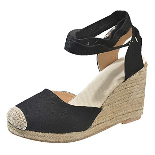 BEAUTYVAN Women's Platform Sandals Closed Toe Espadrille Lace Up Ankle Strap Wedge Pumps Shoes Black