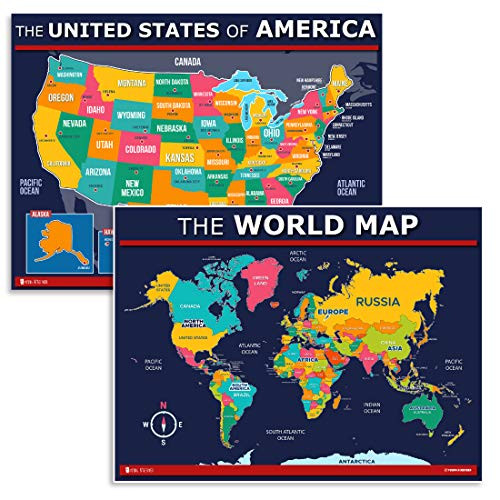 USA and World map poster 2 pack for kids Laminated EXTRA LARGE blue -Updated Fixed V2.0- Young N Refined -24x30-