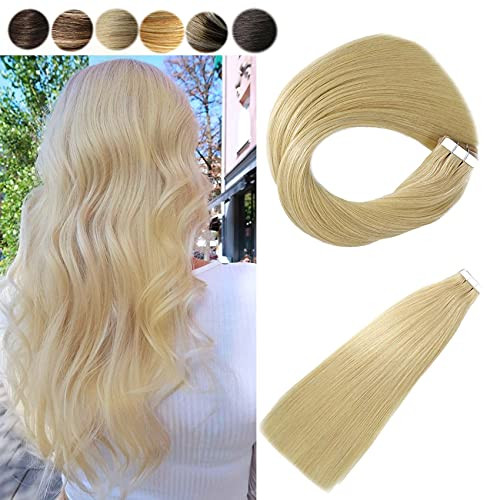 Hair Extensions Tape 50g 20pcs 16 Inch Bleach Blonde Soft Tape in Human Hair Extensions Real Human Hair Remy Hair Extensions Silky Straight Human Hair Extensions Invisible Tape Natural Hair