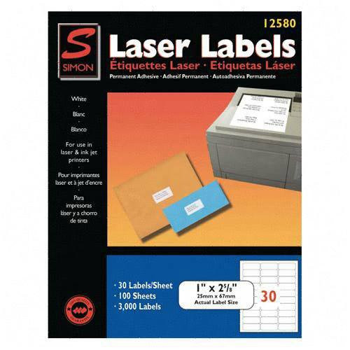 Simon 12580 Laser Printer Labels- 1 x 2-5/8- White- 300 per Box